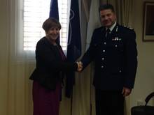 Frances Edwards with Zacharias Chrysostomou, Chief of Police 